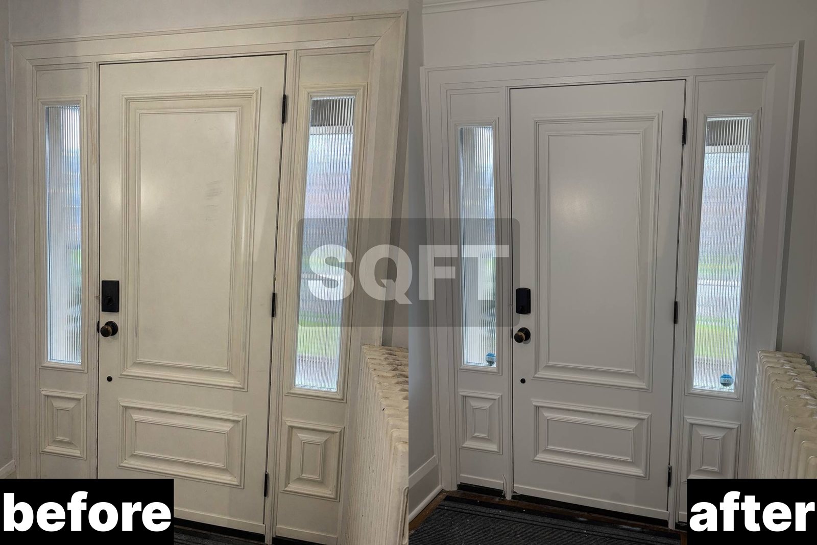 Front door refinishing before and after — SQFT Contracting
