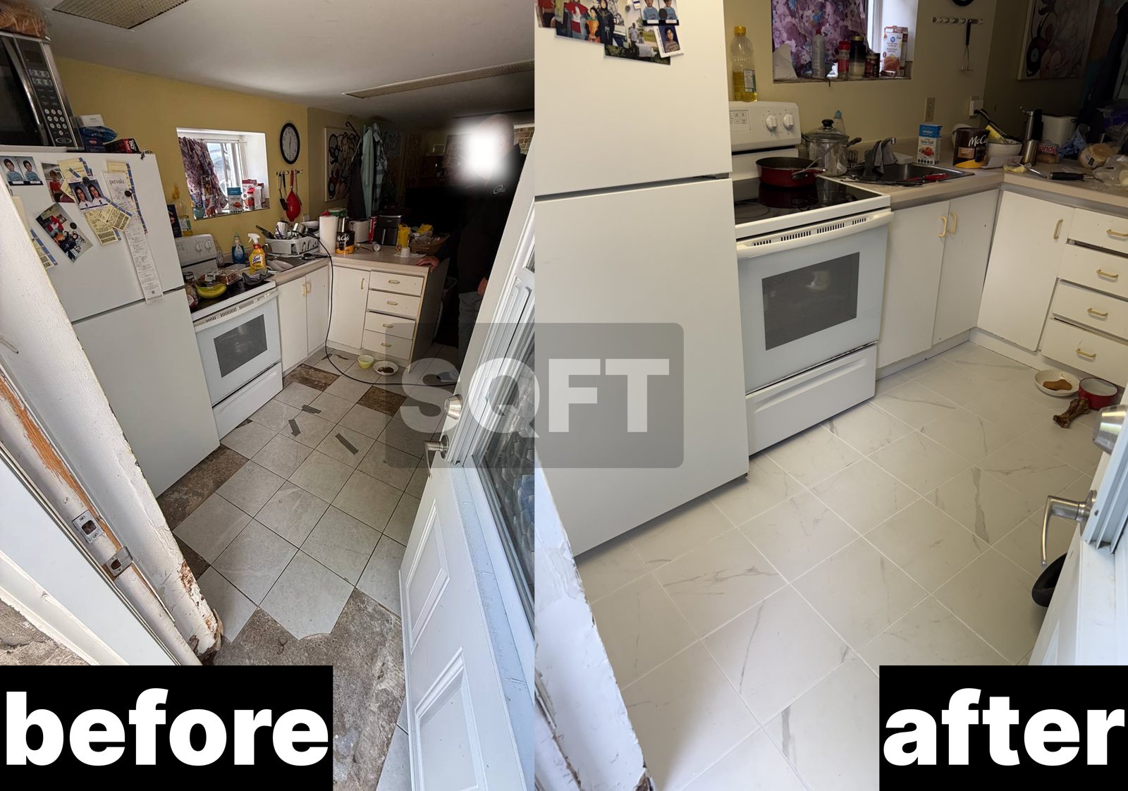 Kitchen flooring before and after in Toronto — SQFT Contracting